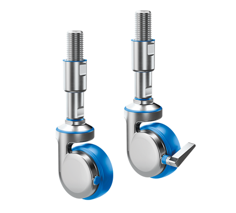 Hygienic levelling castor with optional brake and swivel